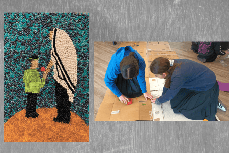 A portrait made from jelly beans of the late Mendel Shapiro was cre- ated by the students of Lainy Weinstein in Far Rockaway, NY — and inspired her niece, Denver’s Sara Halpern, to create a Holocaust exhibit with her Hillel Academy students, who made almost every component by hand. (Courtesy)