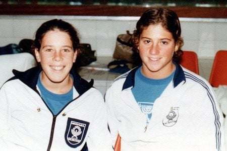 Lior Birkham, l, and Michele Kuvin Kupfer at the 1981 Maccabiah Games. (Courtesy)