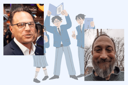 The victor speaks: Ami Eden, right, beat Gov. Josh Shapiro, left, for 11th grade class president. It was the only election Shapiro lost. (Images: JTA, Courtesy)