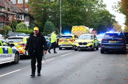 Police and ambulance services seen near Heaton Park Hebrew Congregation synagogue in Crumpsall, north Manchester, England, Oct. 2, 2025. (Paul Currie/AFP/Getty Images)