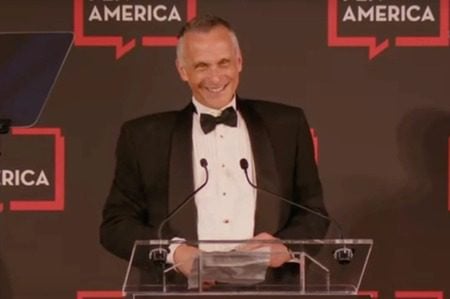 Wesleyan University president Michael Roth accepts a free-speech award from PEN America for his comments criticizing the Trump administration’s campus crackdown, May 21, 2025.(Screenshot via YouTube)