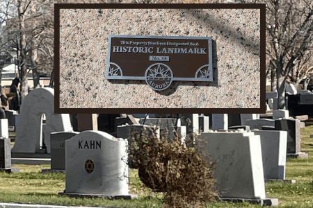 The official Historic Landmark marker placed on the entrance gate to Mount Nebo Memorial Park and Cemetery on East 12th Ave. in Aurora.