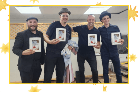 L-r: Volunteer magicians Ben Cohen, Avi Frier, Sam Jacobs and Eliyahu Joseph at Moshav Shokeda, near the Gaza Strip, Nov. 24, 2025. (Courtesy of Magic4Israel)