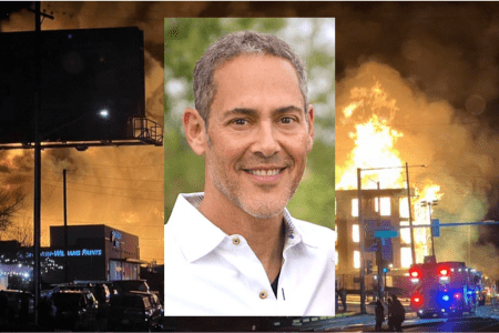 Insurance agent Adam Moskowitz talks about how insurance companies react to fire claims such as the one at Harker Heights (background).