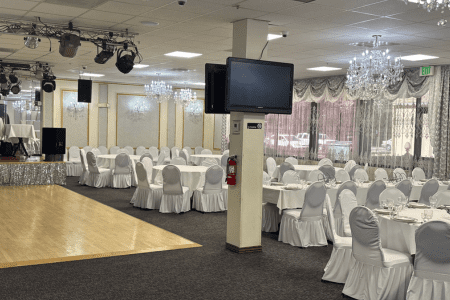 The main dining room at L’Chaim Restaurant, set up for a special occasion.