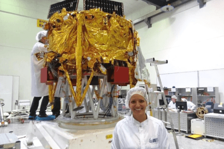 Dr. Shimrit Tirosh-Maman in front of the Beresheet spacecraft, which was launched from Cape Canaveral in 2019. (IAI)