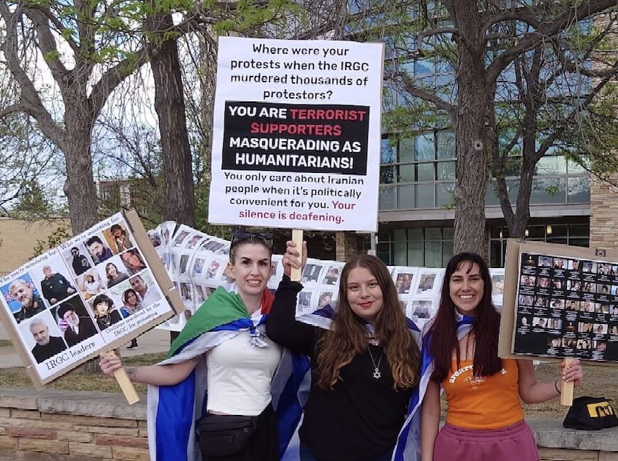 Hila Novat, right, with, l-r, Tali and Alexandra, rallying for Iran on the CSU campus earlier this year. (Courtesy)