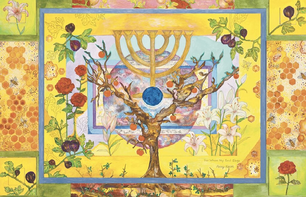‘For Whom My Soul Sings,’ acrylic and mixed media on paperboard, by Penny Nisson, inspired by Shir Ha-Shirim — Song of Songs.