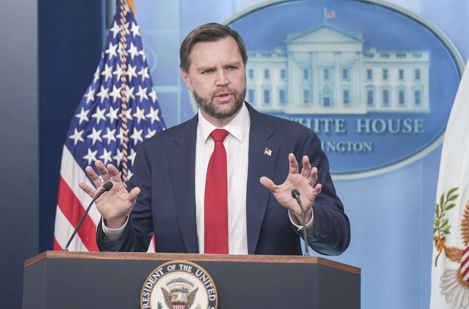 Vice President JD Vance at a press briefing at the White House in Washington, DC, on June 18, 2026. (Mehmet Eser/Anadolu via Getty Images)