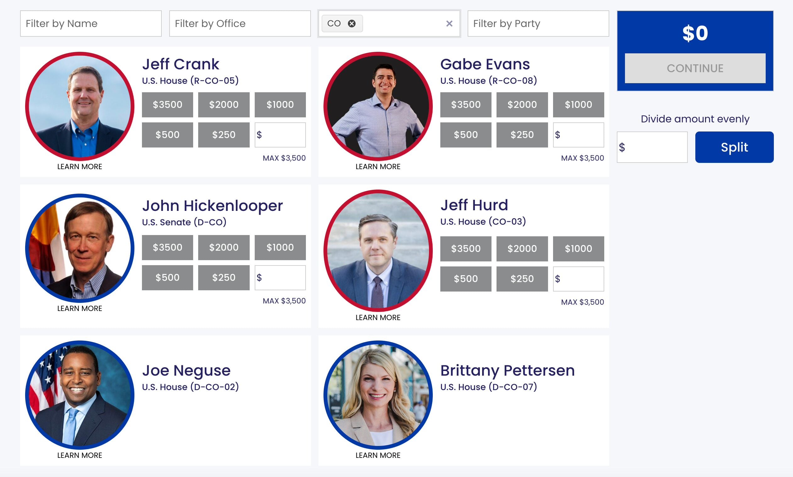 A screenshot from the AIPAC contribution page taken July 20, 2026, following the failed Massie amendment in the House, denying aid to Israel. Contributions to Reps. Pettersen and Neguse, who voted with Massie, are not active.