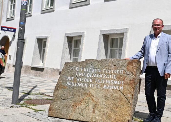 Braunau’s mayor, Johannes Waidbacher, stands outside the renovated police station in Hitler’s birthplace, July 16, 2026. (Kerstin Joensson/AFP via Getty Images)