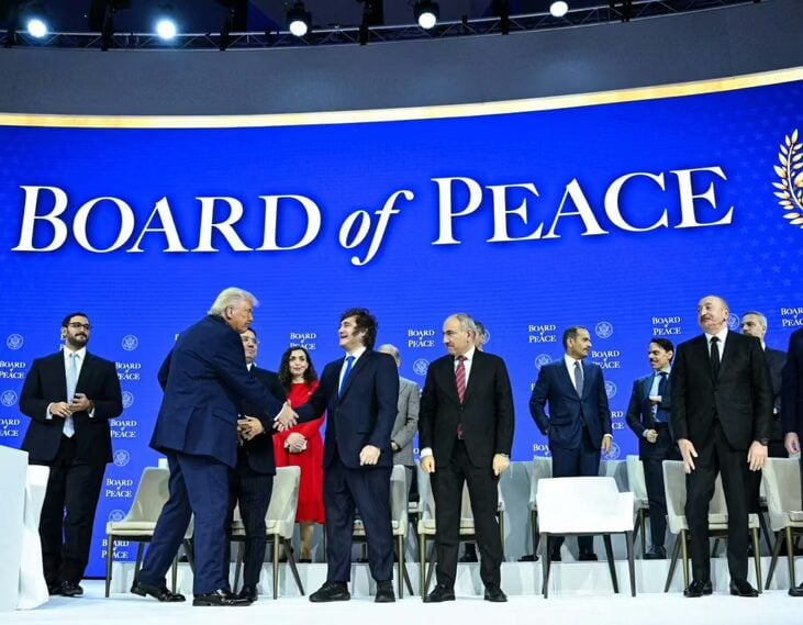 US President Donald Trump shakes hands with Argentina’s president, Javier Milei, at the ‘Board of Peace’ meeting during the World Economic Forum annual meeting in Davos, Jan. 22, 2026. (Mandel Ngan/AFP via Getty Images)