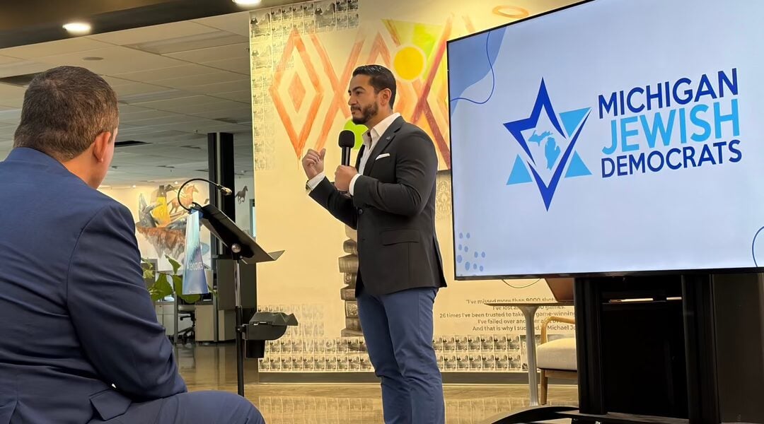 Abdul El-Sayed, Michigan Democratic candidate for US Senate, addresses the state's Jewish Democratic caucus at its annual ‘Summer Simcha’ event, Aug. 30, 2026. (Andrew Lapin/JTA)