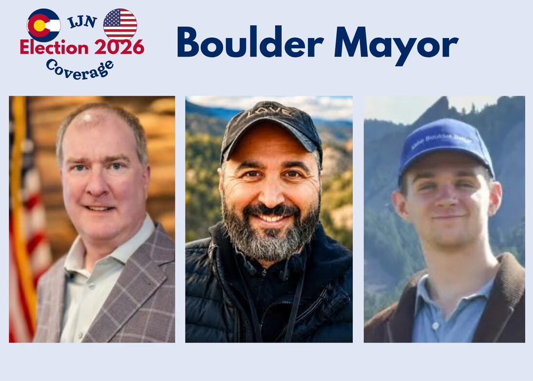 L-r: Mayor Aaron Brockett, Aquiles La Grave, Jameson Goldstein — all candidates for Boulder mayor in November, 2026.